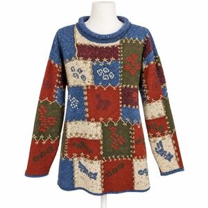 Vintage 90s Patchwork Floral Embroidered Wool Sweater Size M Fall Cottagecore